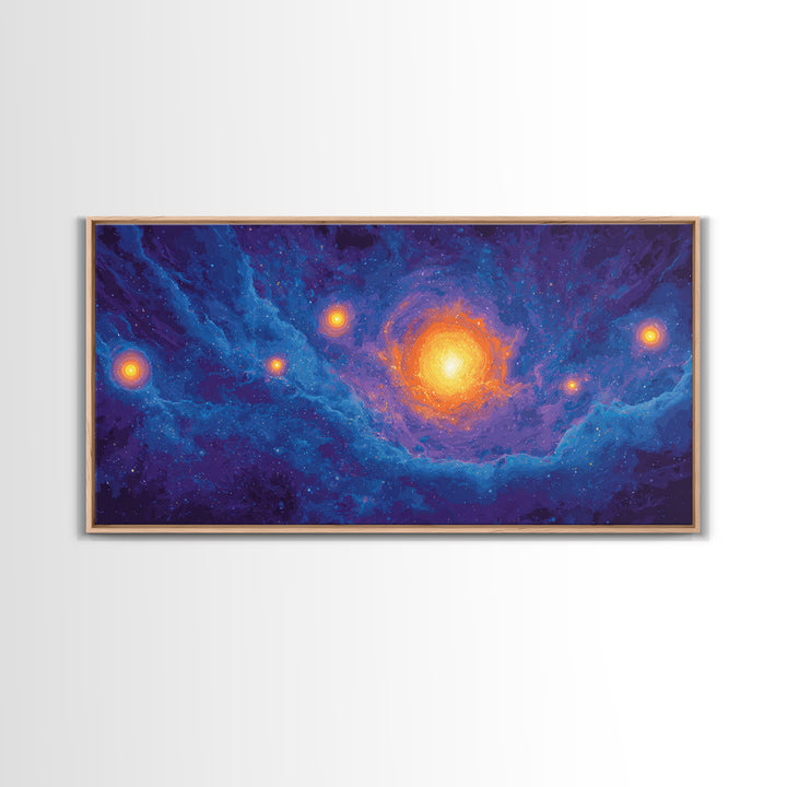 Glowing Blue Galaxy Nebula With Orange Stars Wall Art, Modern Abstract Art Print, Cosmic Retro Poster, Living Room Decor