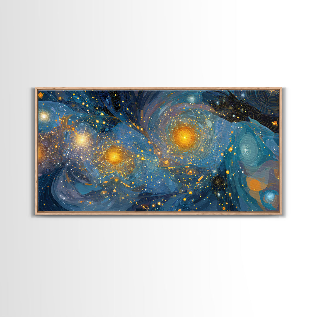 Swirling Starry Blue And Gold Galaxy Framed Canvas Print, Modern Wall Art, Abstract Poster, Celestial Living Room Decor Prints