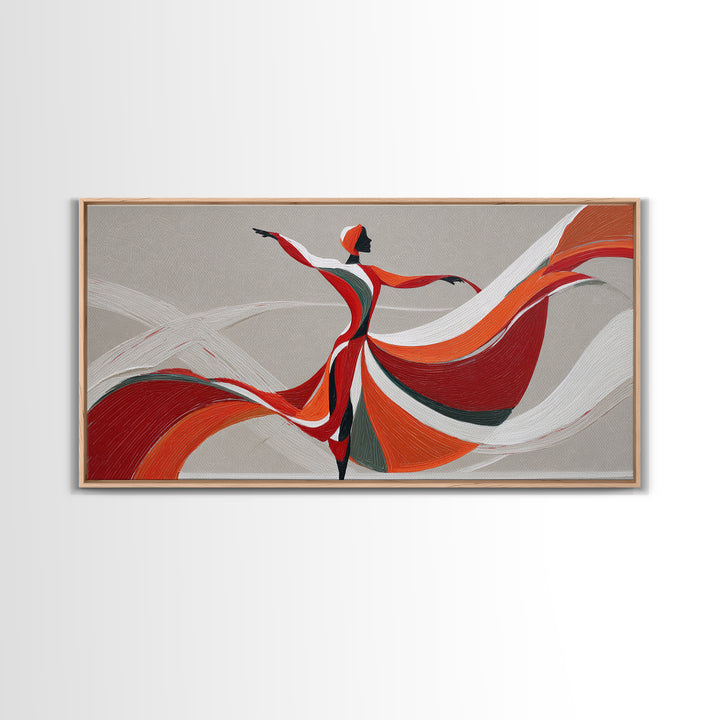 Flowing Red Orange Dancer With Ribbon Framed Canvas Print, Modern Wall Art, Abstract Painting, Statement Living Room Decor