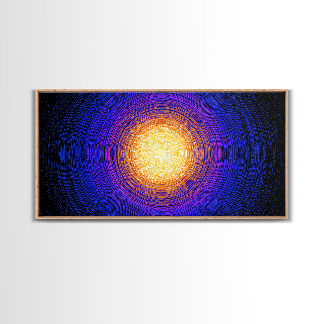 Golden Sun Blue Vortex Canvas Print, Cosmic Abstract Wall Art, Modern Retro Poster, Vibrant Space Decor For Living Room Or Office