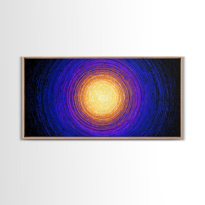 Golden Sun Blue Vortex Canvas Print, Cosmic Abstract Wall Art, Modern Retro Poster, Vibrant Space Decor For Living Room Or Office