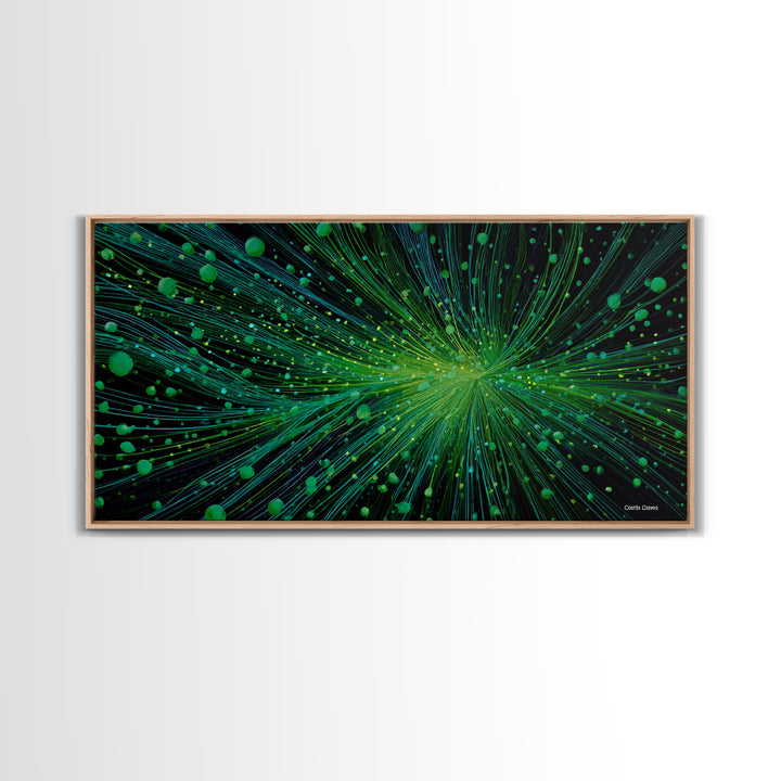 Green Particle Burst Canvas Print, Abstract Energy Lines Wall Art, Modern Digital Artwork, Sci Fi Poster For Home Office Decor