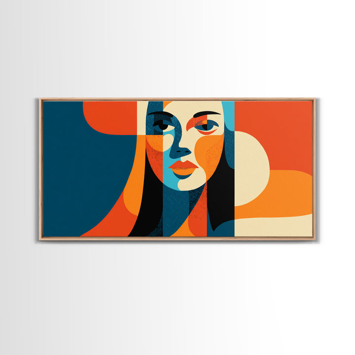 Geometric Woman Face Canvas Print, Midcentury Modern Abstract Art, Orange Teal Wall Decor, Retro MCM Home Decor Poster Gift