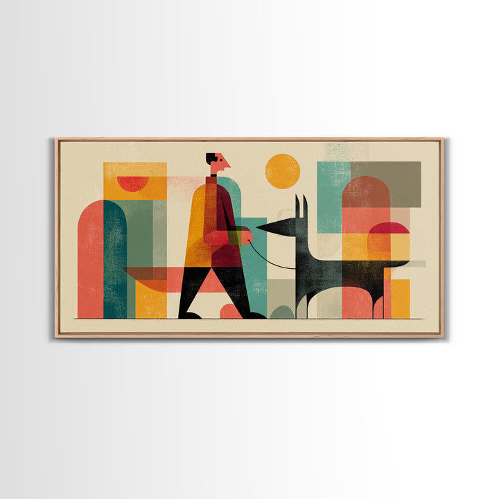 Man Walking Black Dog Wall Art, Midcentury Modern Illustration, Retro Abstract Shapes, Colorful Home Decor Canvas Print Gift