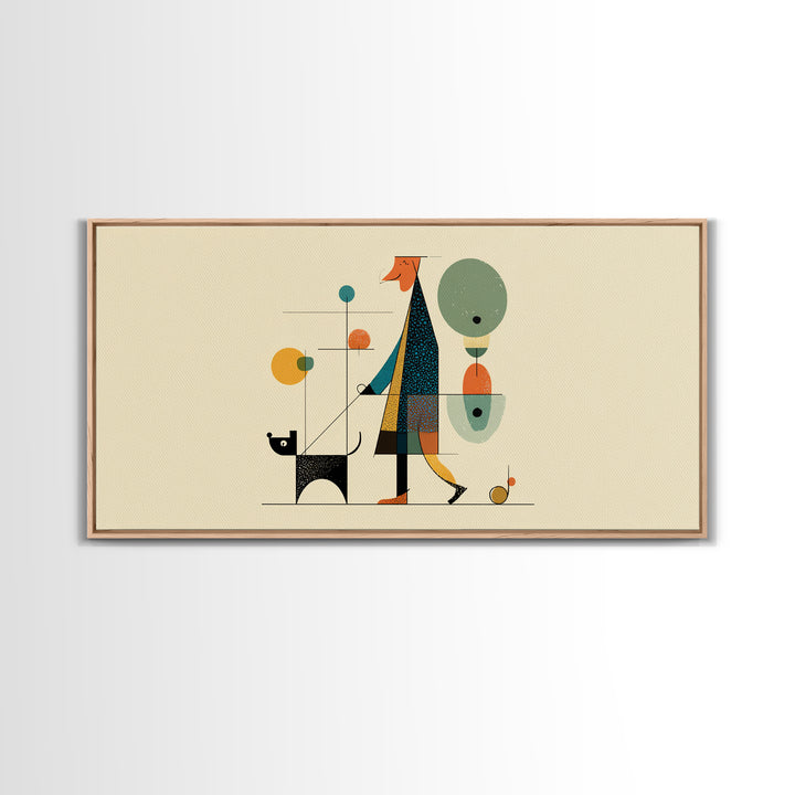 Whimsical Dog Walker Canvas Print, Midcentury Modern Minimal Art, Atomic MCM Wall Decor, Scandinavian Home Art Print Poster