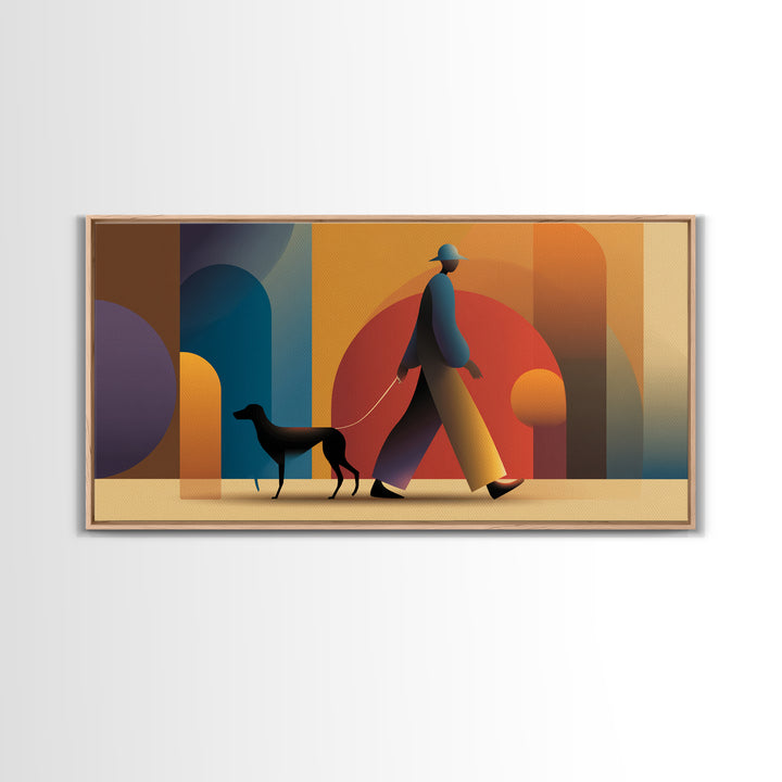 Sunset Dog Walker Framed Canvas Print, Midcentury Modern Wall Art, Retro Arches Decor, Warm Orange Living Room Print Poster