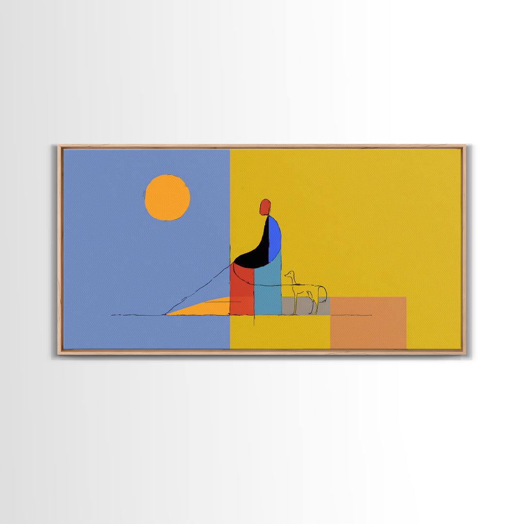Minimal Yellow Blue Dog Walker Wall Art, Midcentury Modern Abstract Print, Scandinavian Decor, Geometric Home Art Poster