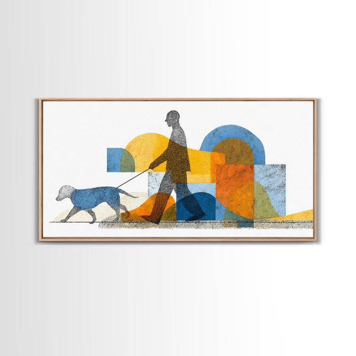 Silhouette Dog Walker Canvas Print, Midcentury Modern Wall Art, Blue Orange Geometric Decor, Minimalist Living Room Art Poster