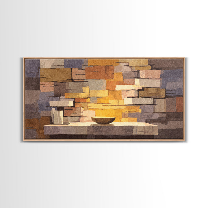 Abstract Stone Fireplace Wall Art, Midcentury Modern Home Decor, Warm Geometric Canvas Print, Cozy Living Room Artwork Poster