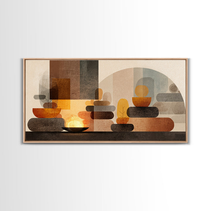 Warm Stacked Abstract Shapes With Arches, Midcentury Modern Wall Art, Earth Tone Retro Decor, Large Canvas Print, Living Room Home Decor