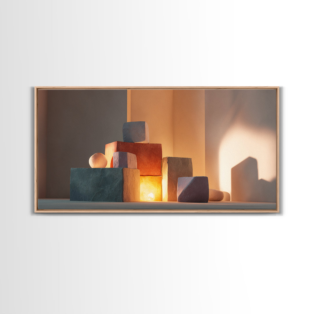 Sunlit Minimal Stone Blocks And Soft Shadows, Framed Canvas Print, Modern Wall Art, Neutral Decor, Bedroom Art Print, Home Office Decor