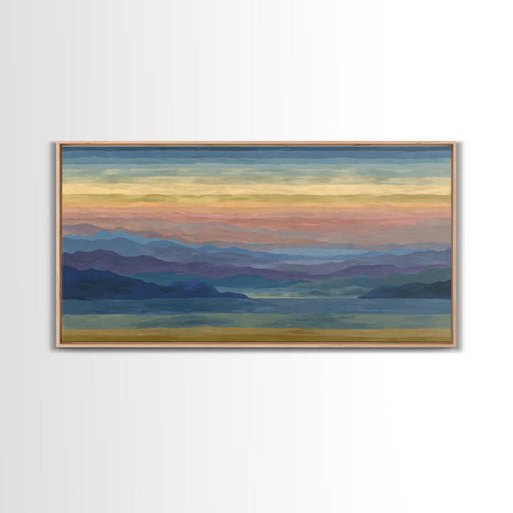 Pastel Mountain Lake Panorama Framed Canvas Print, Modern Wall Art, Scenic Nature Landscape, Bedroom And Office Decor, Home Decor