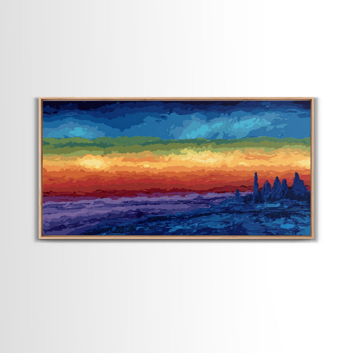 Dramatic Lake Sunset With Pine Silhouettes Framed Canvas Print, Blue Orange Landscape Wall Art, Rustic Cabin Decor, Lake House Decor