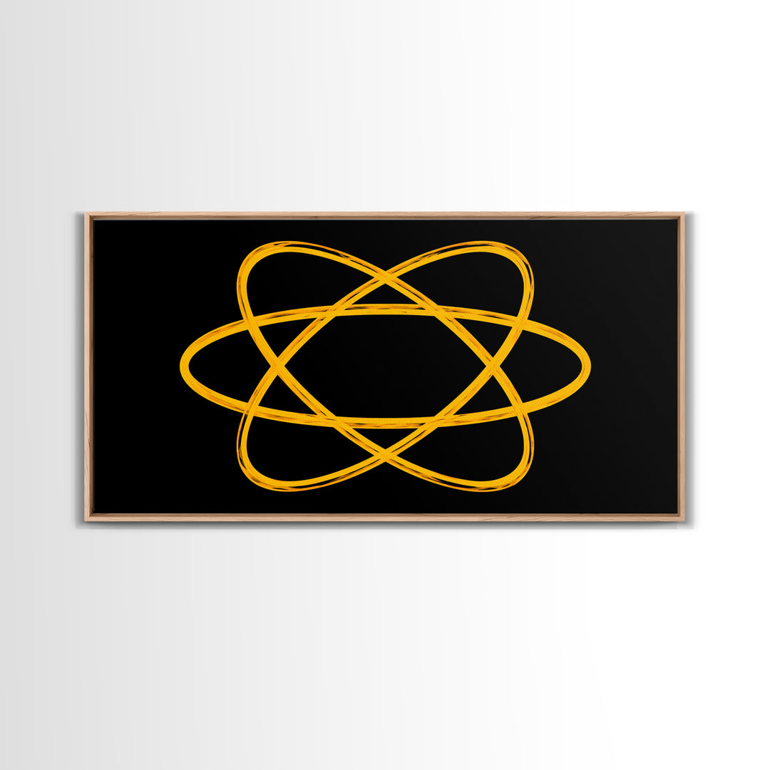 Golden Atomic Orbit Lines On Black Canvas Print, Midcentury Modern Abstract Wall Art, Retro Space Poster, Office Decor, Geek Decor