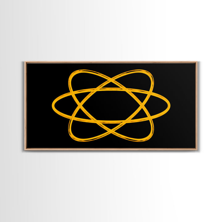 Golden Atomic Orbit Lines On Black Canvas Print, Midcentury Modern Abstract Wall Art, Retro Space Poster, Office Decor, Geek Decor