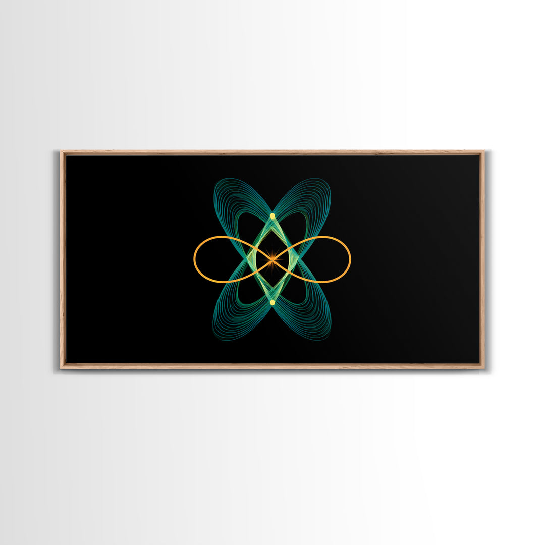 Teal And Gold Orbital Wave Lines Wall Art, Atomic Midcentury Modern Abstract Print, Black Retro Space Poster, Office Decor