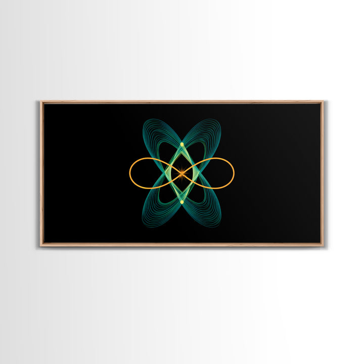 Teal And Gold Orbital Wave Lines Wall Art, Atomic Midcentury Modern Abstract Print, Black Retro Space Poster, Office Decor