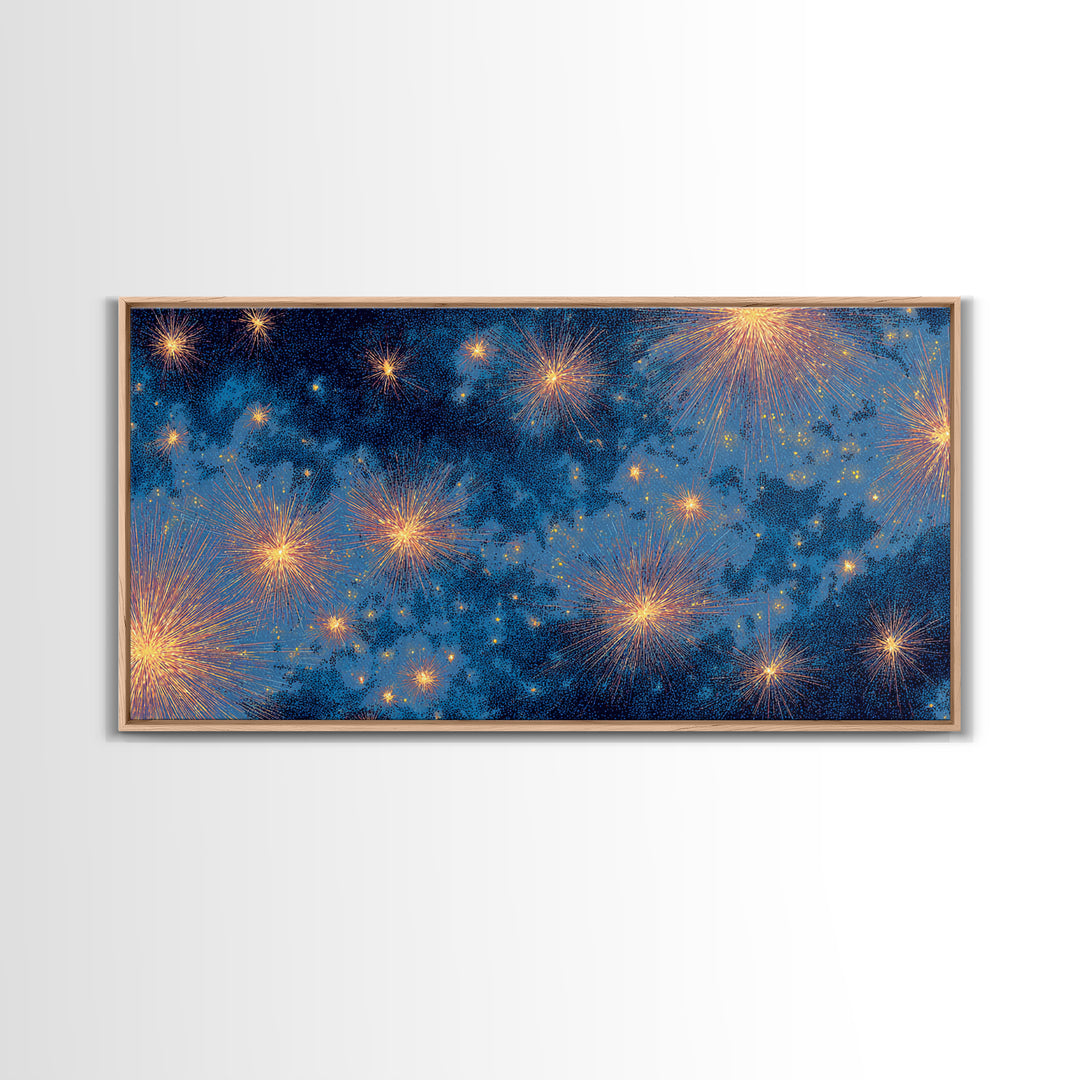 Blue Cloudy Fireworks Night Sky Canvas Print, Celestial Space Wall Art, Gold Stars Modern Decor For Bedroom Or Office Decor