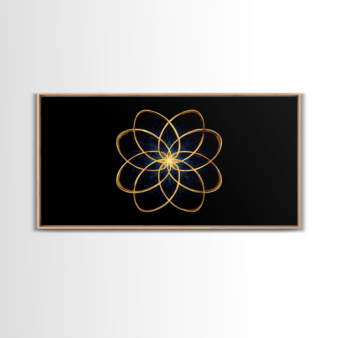 Gold Lotus Flower Line Art Canvas Print, Black And Gold Sacred Geometry Wall Decor, Spiritual Modern Abstract Artwork Gift