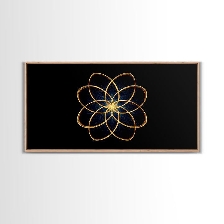 Gold Lotus Flower Line Art Canvas Print, Black And Gold Sacred Geometry Wall Decor, Spiritual Modern Abstract Artwork Gift