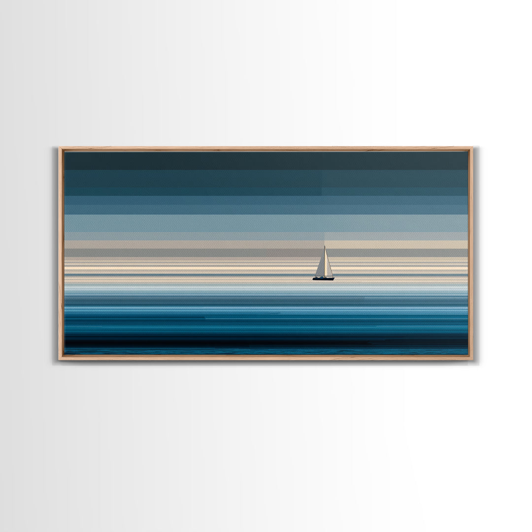 Minimal Sailboat Horizon Wall Art, Blue Ocean Seascape Print, Coastal Modern Wall Decor, Nautical Living Room Artwork Print