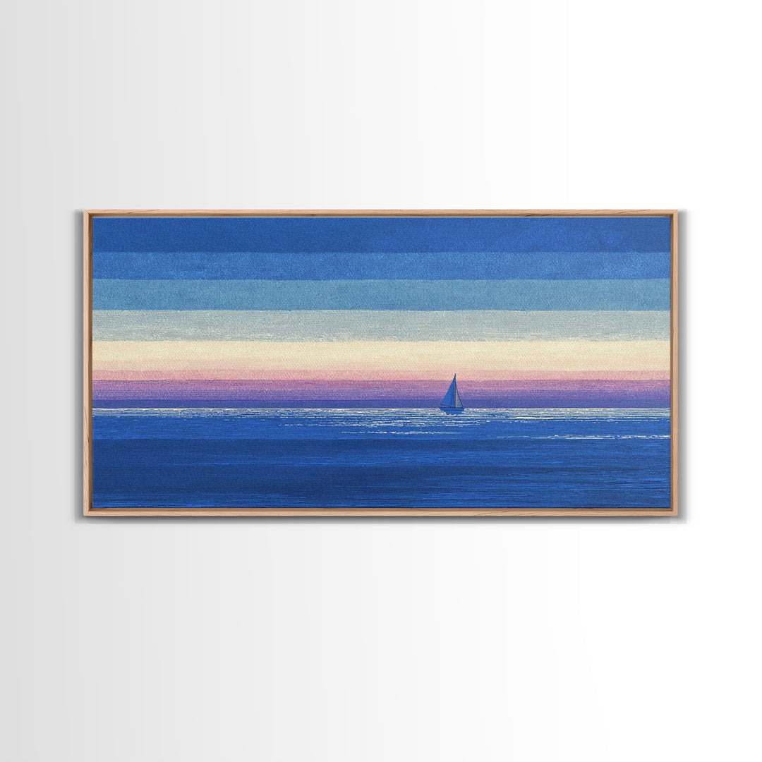 Blue Textured Sailboat Canvas Print, Ocean Sunset Seascape Wall Decor, Coastal Landscape Art For Bedroom And Lake House Decor