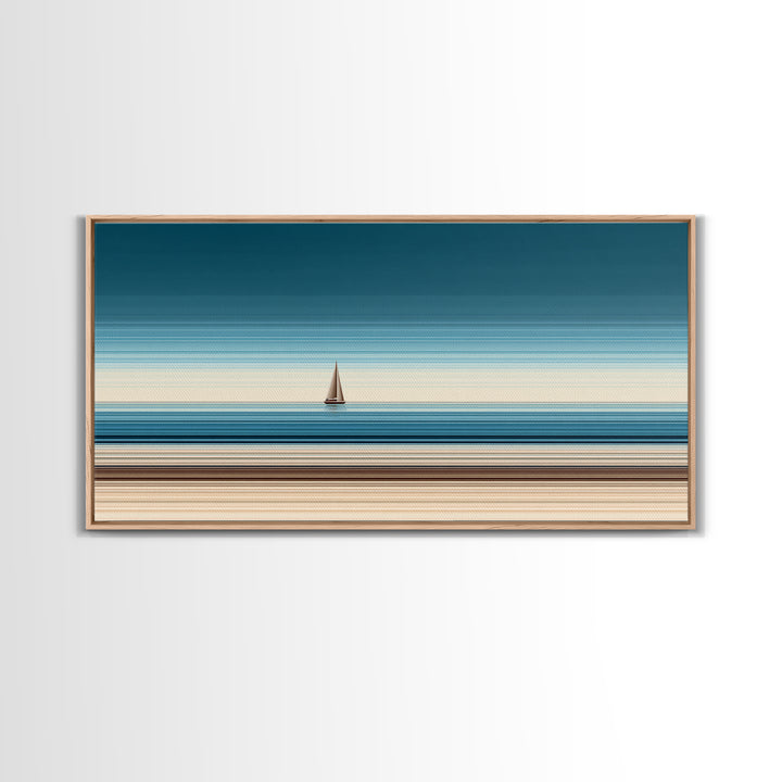 Minimalist Sailboat Horizon Canvas Print, Blue Beige Coastal Wall Art, Modern Nautical Decor For Living Room And Office Decor