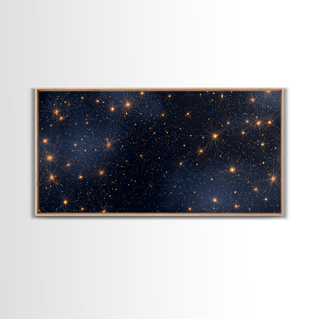 Golden Constellation Star Field Wall Art, Dark Navy Space Abstract Print, Modern Celestial Decor, Cosmic Bedroom Poster Art