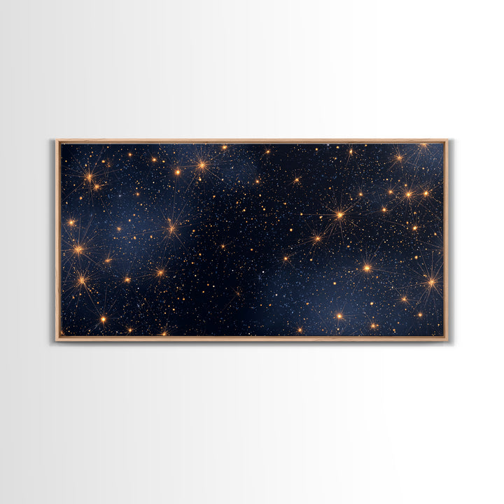 Golden Constellation Star Field Wall Art, Dark Navy Space Abstract Print, Modern Celestial Decor, Cosmic Bedroom Poster Art