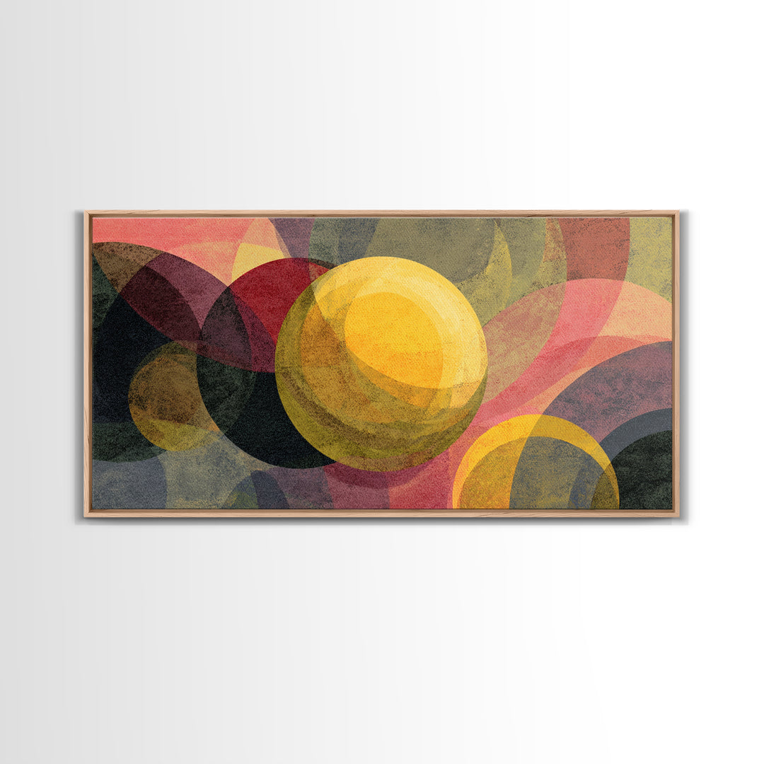 Layered Circles And Golden Orb Wall Art, Midcentury Modern Abstract Art, Retro Geometric Poster, Bold MCM Living Room Decor