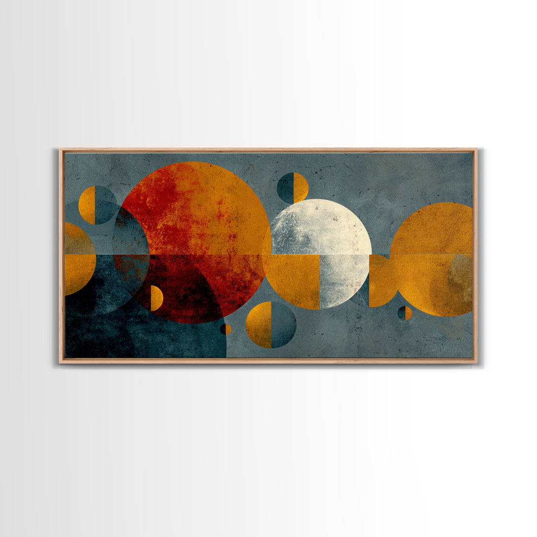 Orange Moon And White Circle Wall Art, Midcentury Modern Abstract Print, Atomic Geometric Decor, Retro Living Room Poster