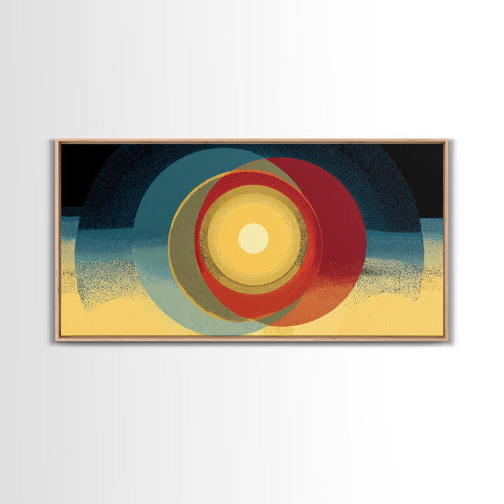 Glowing Concentric Sun Wall Art, Midcentury Modern Canvas Print, Retro Geometric Poster, Atomic Horizon Home Office Decor