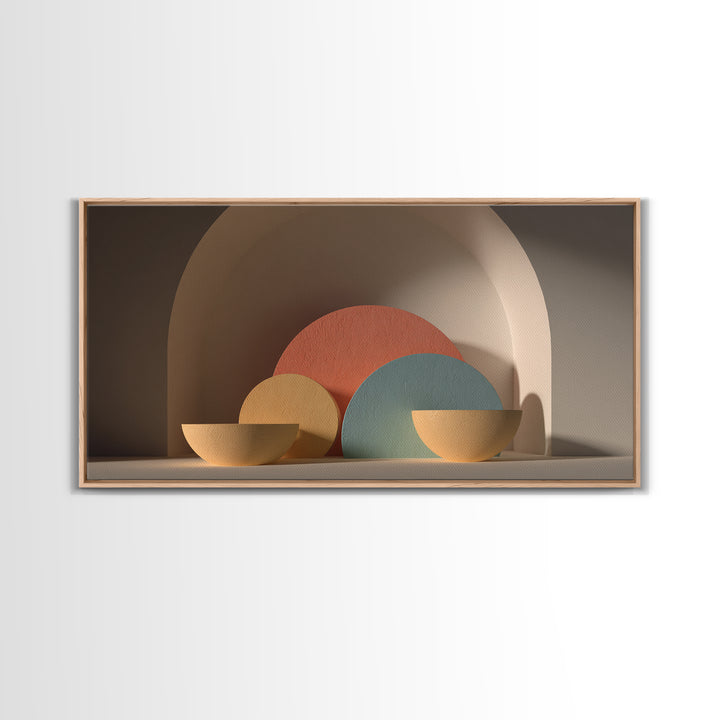 Minimalist Bowls In Arched Alcove Framed Canvas Print, Midcentury Modern Wall Art, Neutral Boho Decor, MCM Still Life Art