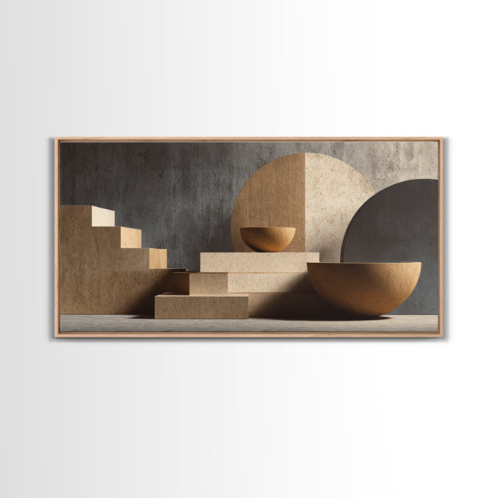 Architectural Stairs And Stone Bowls Wall Art, Framed Canvas Print, Midcentury Modern Decor, Neutral Abstract Home Office Art