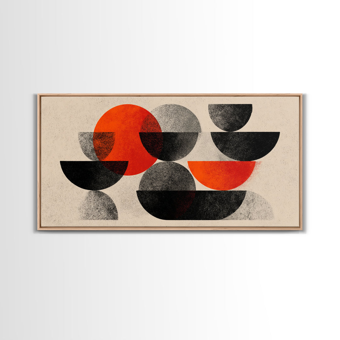 Red Black Gray Semi Circle Abstract Canvas Print, Mid Century Modern Wall Decor, Bauhaus Geometric Art For Office And Living Room