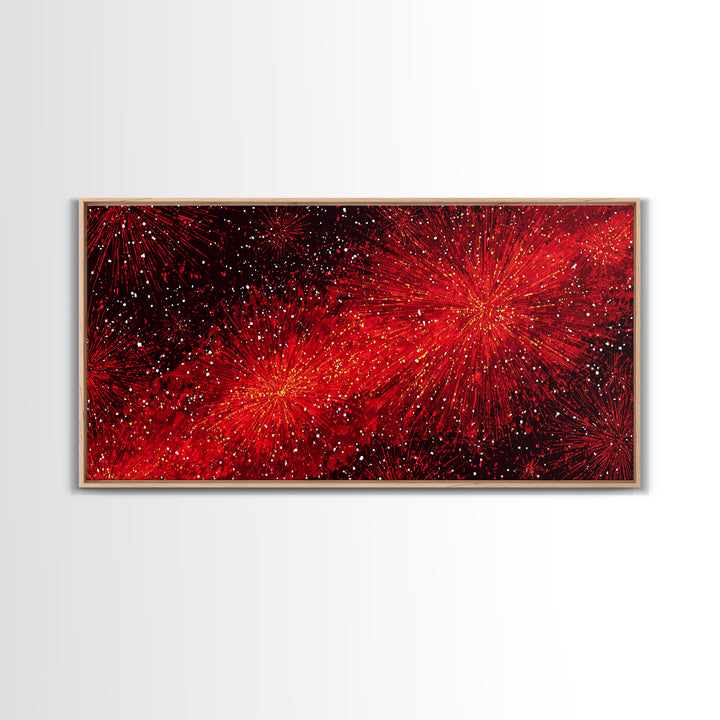 Fiery Red Starburst Fireworks Wall Art, Retro Atomic Mid Century Modern Decor, Bold Abstract Print For Living Room Or Office