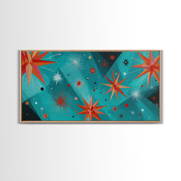 Turquoise Atomic Starburst Wall Art, Mid Century Modern Decor, Retro 50s Space Abstract Print For Living Room And Office