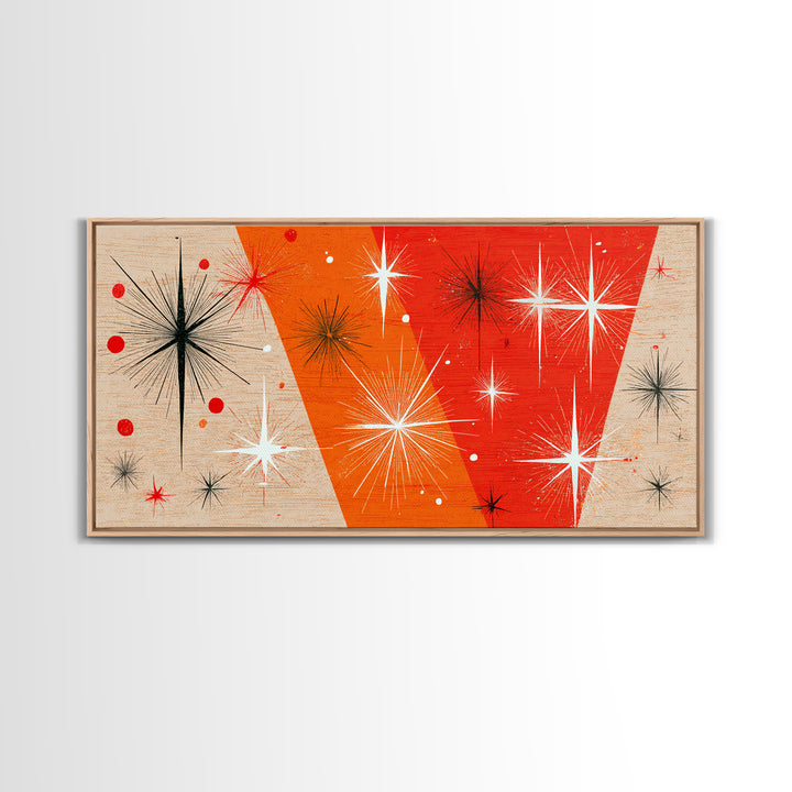 Orange Atomic Starburst Framed Canvas Print, Mid Century Modern Wall Decor, Retro Geometric Abstract Art For Bedroom Or Office