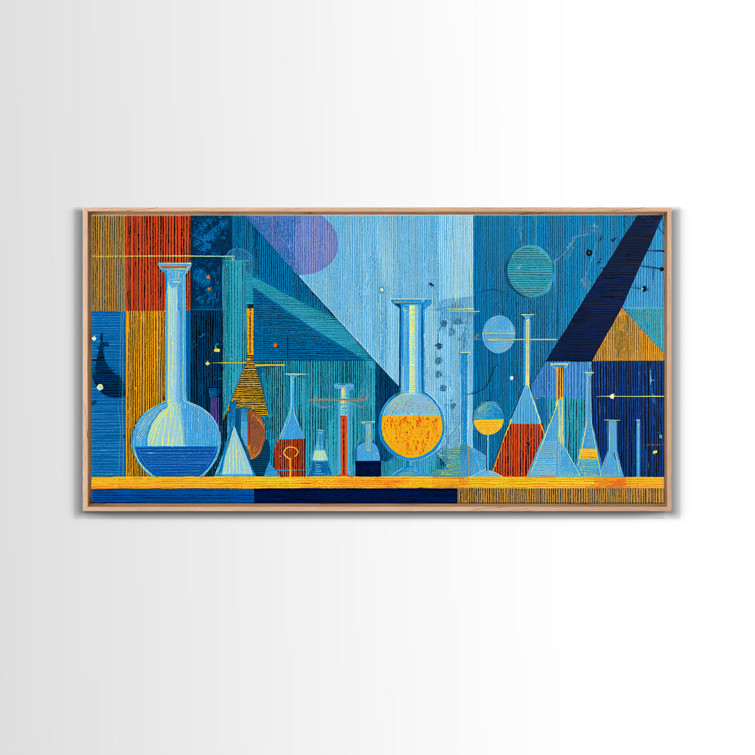 Blue Glass Chemistry Still Life Wall Art, Mid Century Modern Decor, Retro Science Canvas Print For Office Studio Or Kitchen