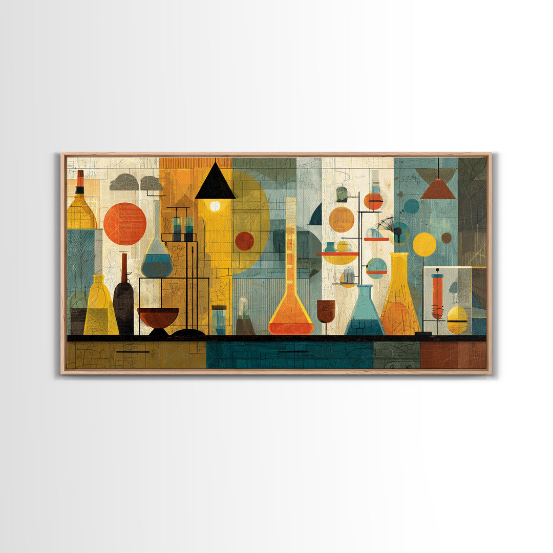 Yellow Teal Laboratory Still Life Framed Canvas Print, Mid Century Modern Wall Decor, Retro Science Art For Home Office Decor