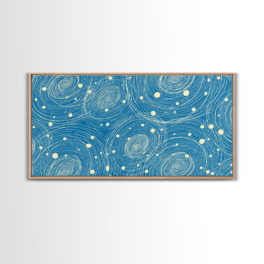 Blue Swirling Star Field Framed Canvas Print, Midcentury Modern Wall Art, Retro Abstract Poster, Cosmic Home Decor, MCM Office Decor