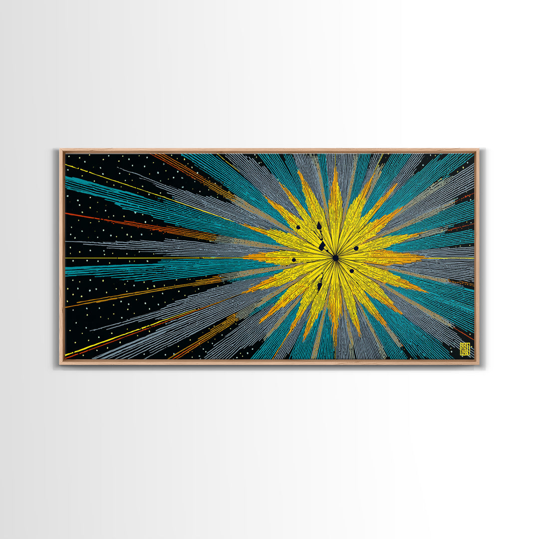 Yellow Teal Cosmic Starburst Canvas Print, Midcentury Modern Space Abstract Wall Art, Atomic Retro MCM Home Decor For Office Decor