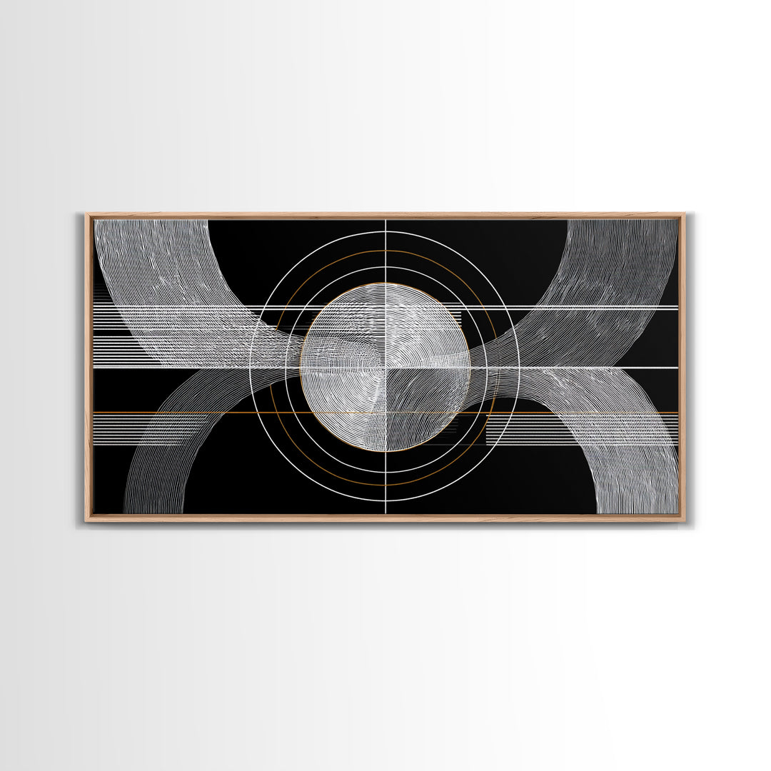 Black White Orbital Waves Framed Canvas Print, Midcentury Modern Wall Art, Geometric Abstract Poster, MCM Home Decor, Gold Accent