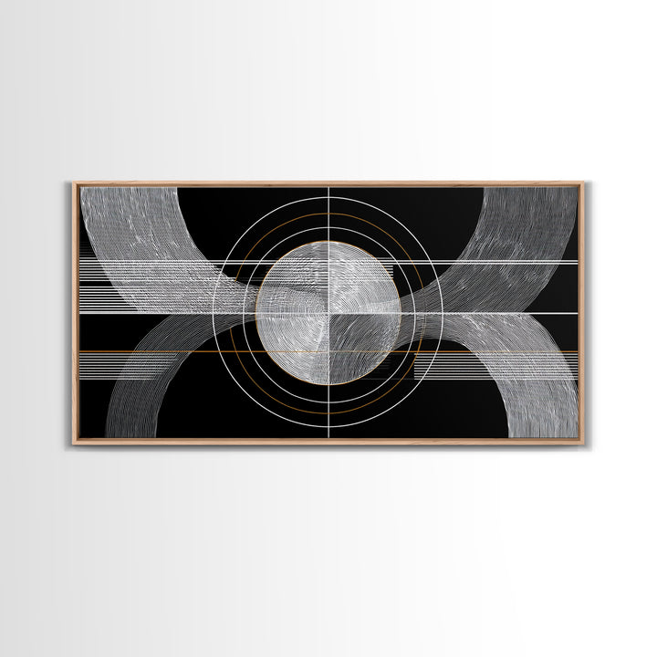 Black White Orbital Waves Framed Canvas Print, Midcentury Modern Wall Art, Geometric Abstract Poster, MCM Home Decor, Gold Accent