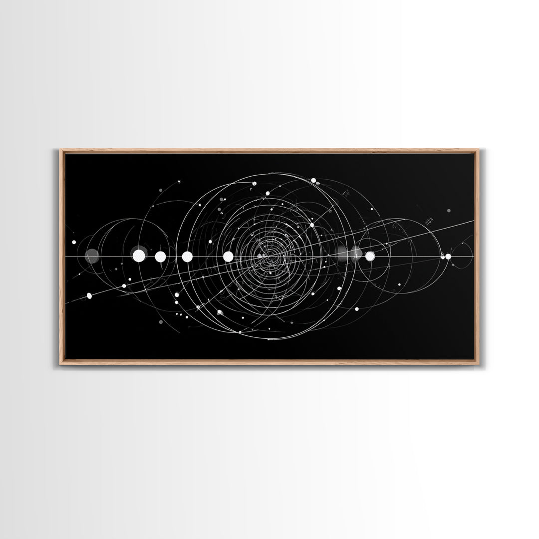 White Orbital Geometry In Black Space Wall Art, Modern Abstract Art Print, Sci Fi Decor, Geometric Wall Decor Gift For Office