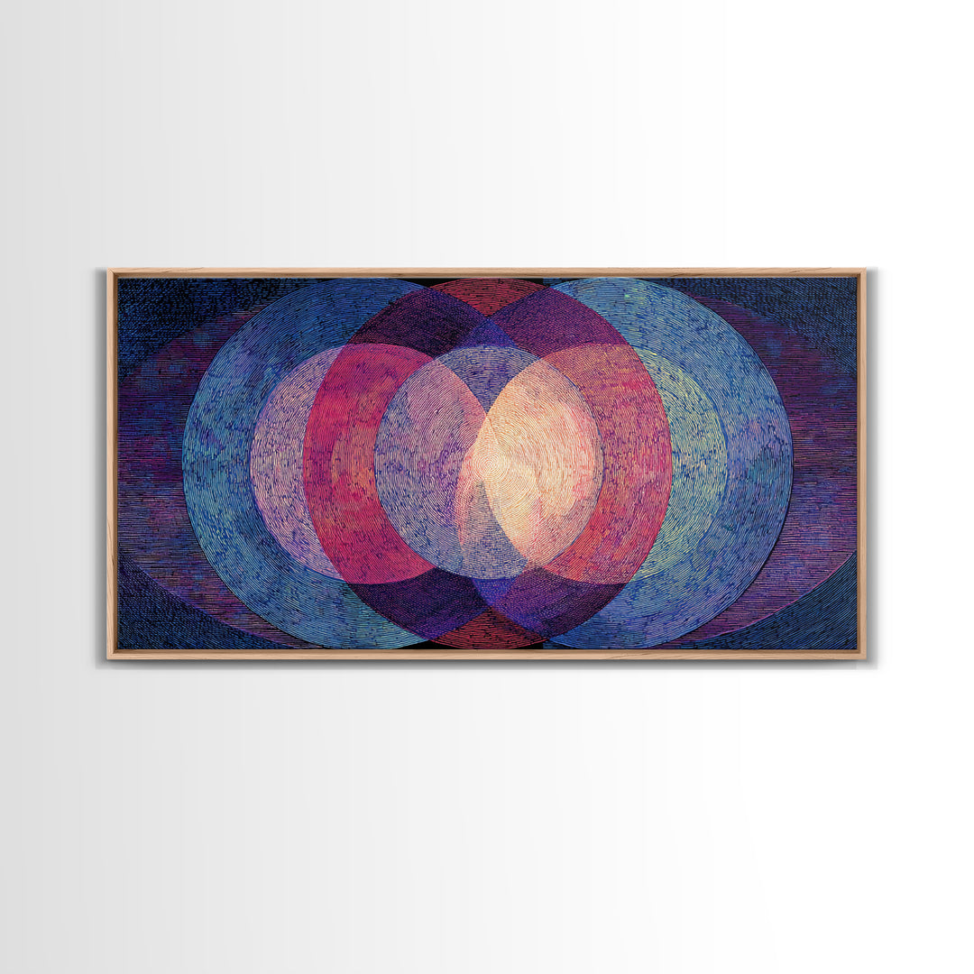 Textured Blue Pink Moire Oval Rings Wall Art, Midcentury Modern Abstract Art Print, Op Art Poster, Retro Geometric MCM Decor