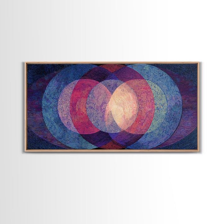 Textured Blue Pink Moire Oval Rings Wall Art, Midcentury Modern Abstract Art Print, Op Art Poster, Retro Geometric MCM Decor