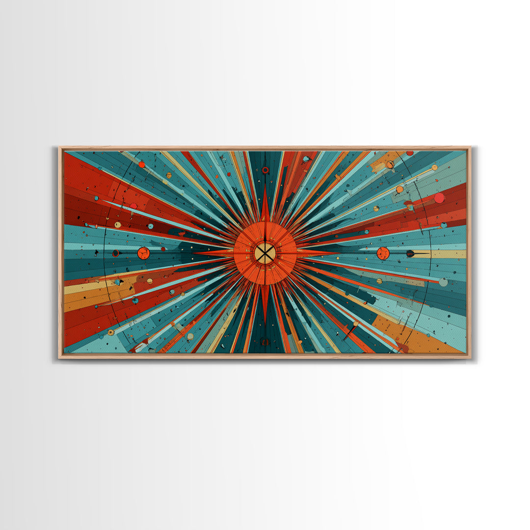 Orange Teal Cosmic Sunburst Canvas Print, Midcentury Modern Art, Retro Atomic Poster, Bold Geometric Wall Decor, 1950s Space Print