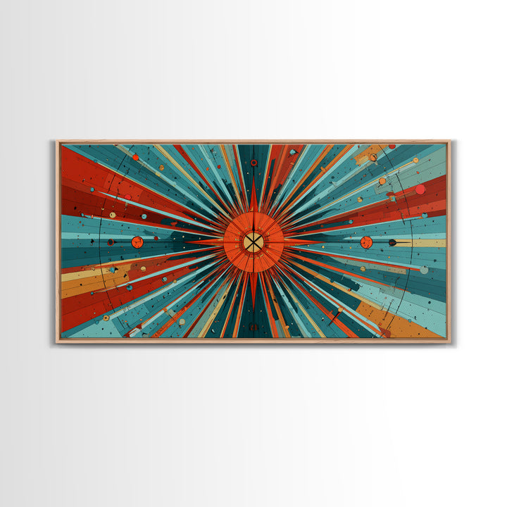 Orange Teal Cosmic Sunburst Canvas Print, Midcentury Modern Art, Retro Atomic Poster, Bold Geometric Wall Decor, 1950s Space Print