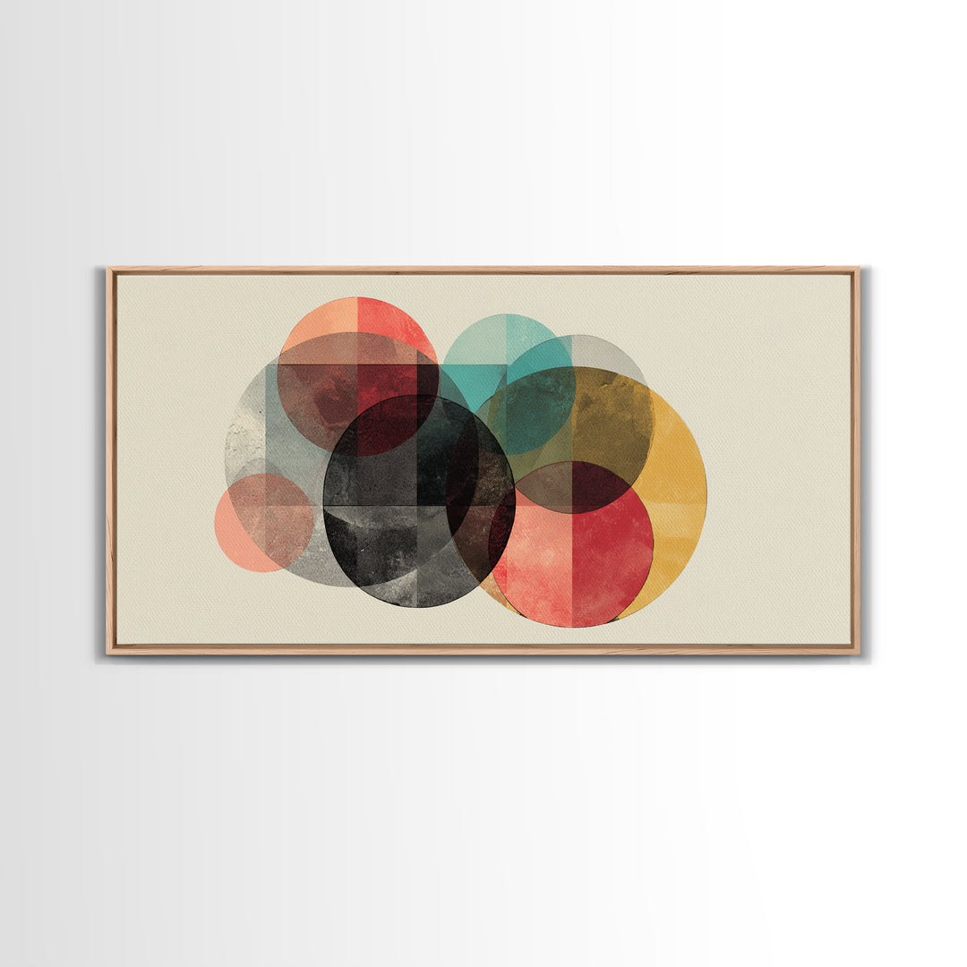 Neutral Black Red Yellow Circle Cluster Framed Canvas Print, Midcentury Modern Wall Art, Retro Geometric Poster, MCM Home Decor